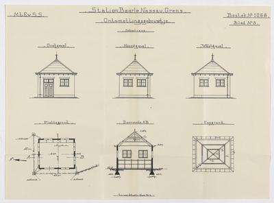 858554 Opstanden, doorsnede en plattegrond van het ontsmettingsgebouwtje van het S.S.-station Baarle-Nassau Grens te ...